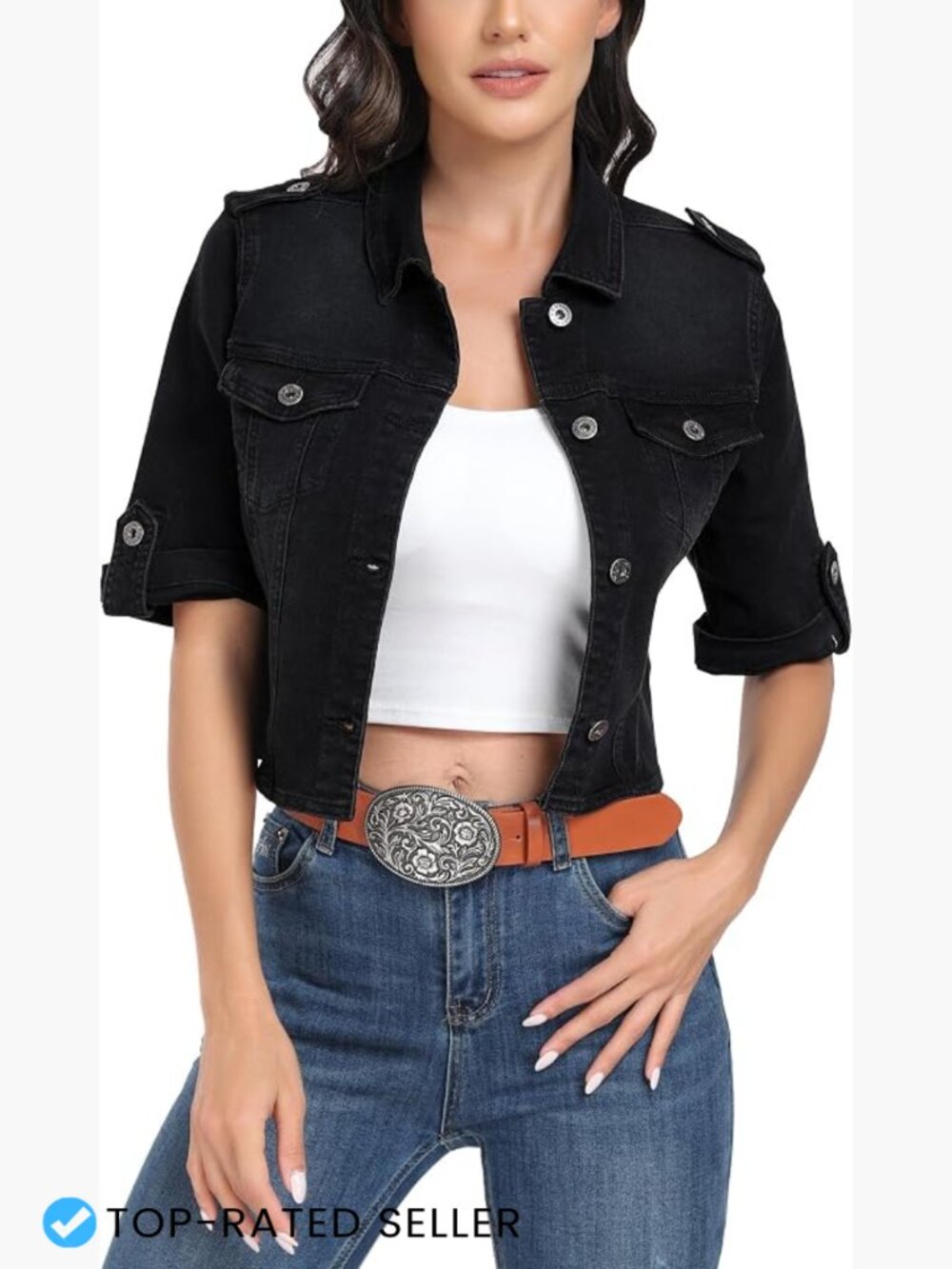Short Sleeve Stretch Denim Jacket Retro Cropped Trucker Casual Button Down